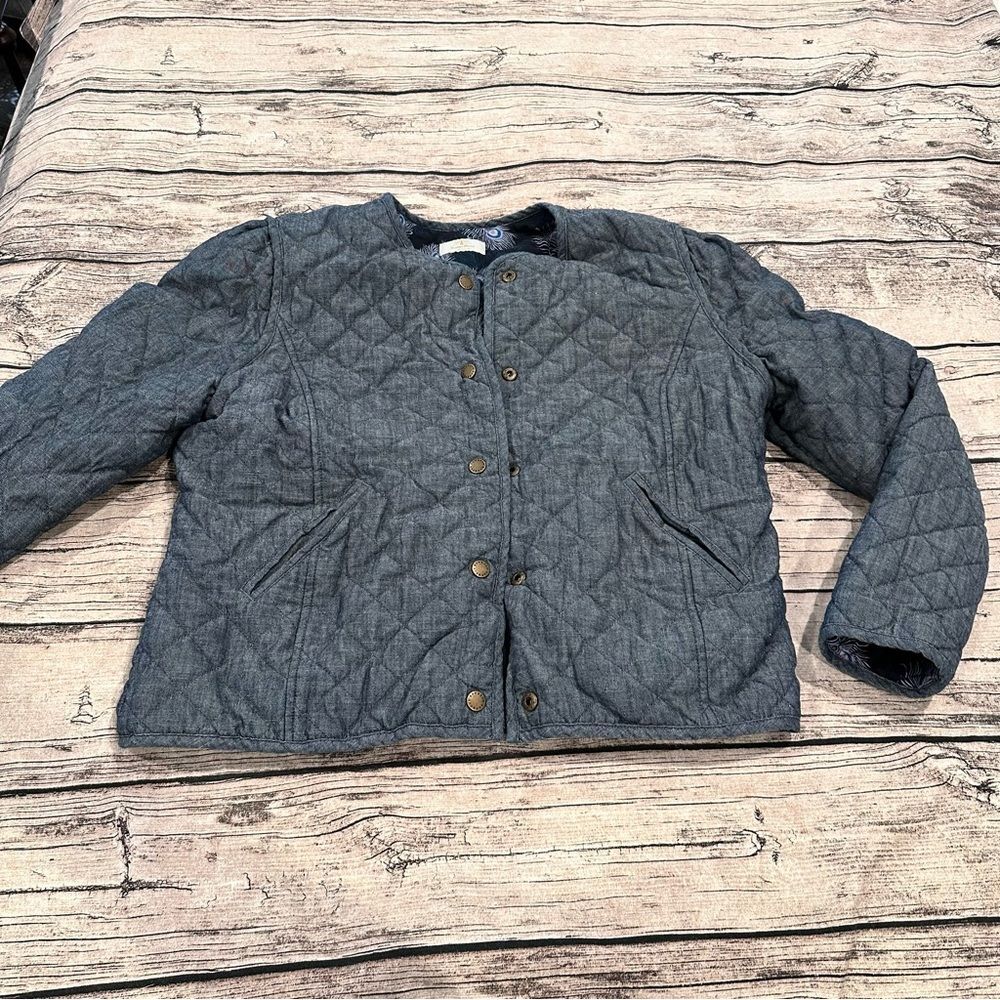 Barbour Reversible Denim Quilted Margate Jacket w/ Peacock Feather Print Size 10